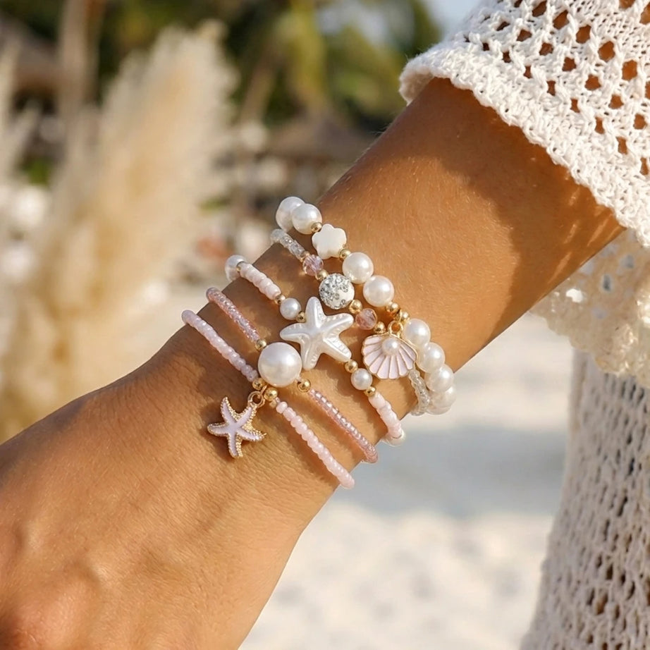 Shell and Starfish Pearl Beaded Stackable Bracelet Set (6 Pieces)