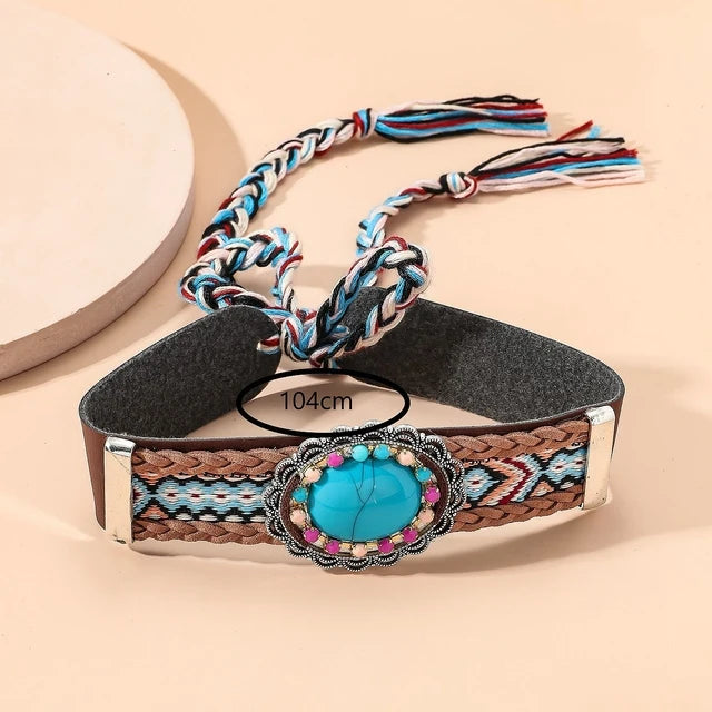 Turquoise Bead Cotton Tassel Choker Necklace Jewelry
