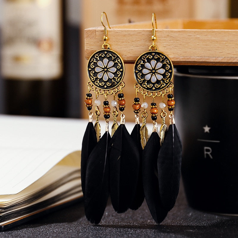 Boho Long Feather Dangle Women&#39;s Earrings Beach Long Tassel Beads Handmade Flower Enamel Earrings Bride Wedding Pendientes Mujer - Charlie Dolly