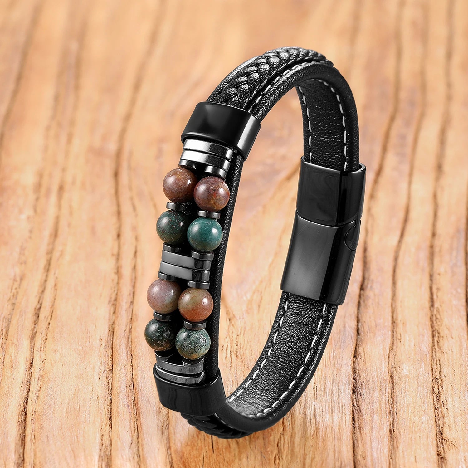 13 Styles Natural Stone Bead Bracelets, Handmade Leather Cord Jewelry with Stainless Steel Clasp, Boho Gift for Women Man