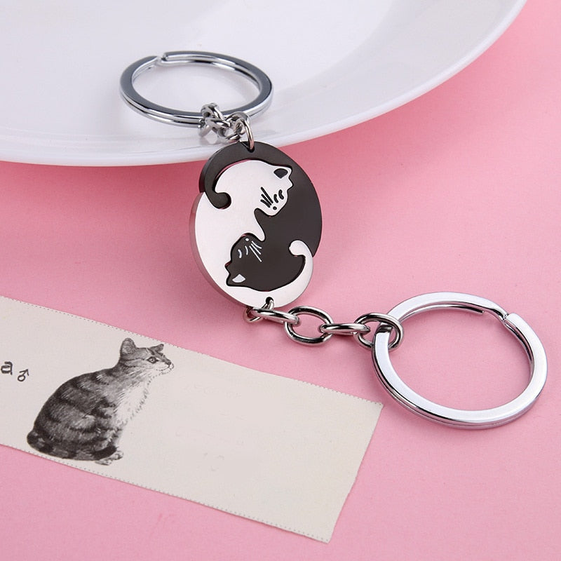 2pcs Cute Black Cat Keychain Patchwork Heart Round Couple Lovers Keyring Stainless Steel Backpack Car Key Ring Hanging Jewelry - Charlie Dolly