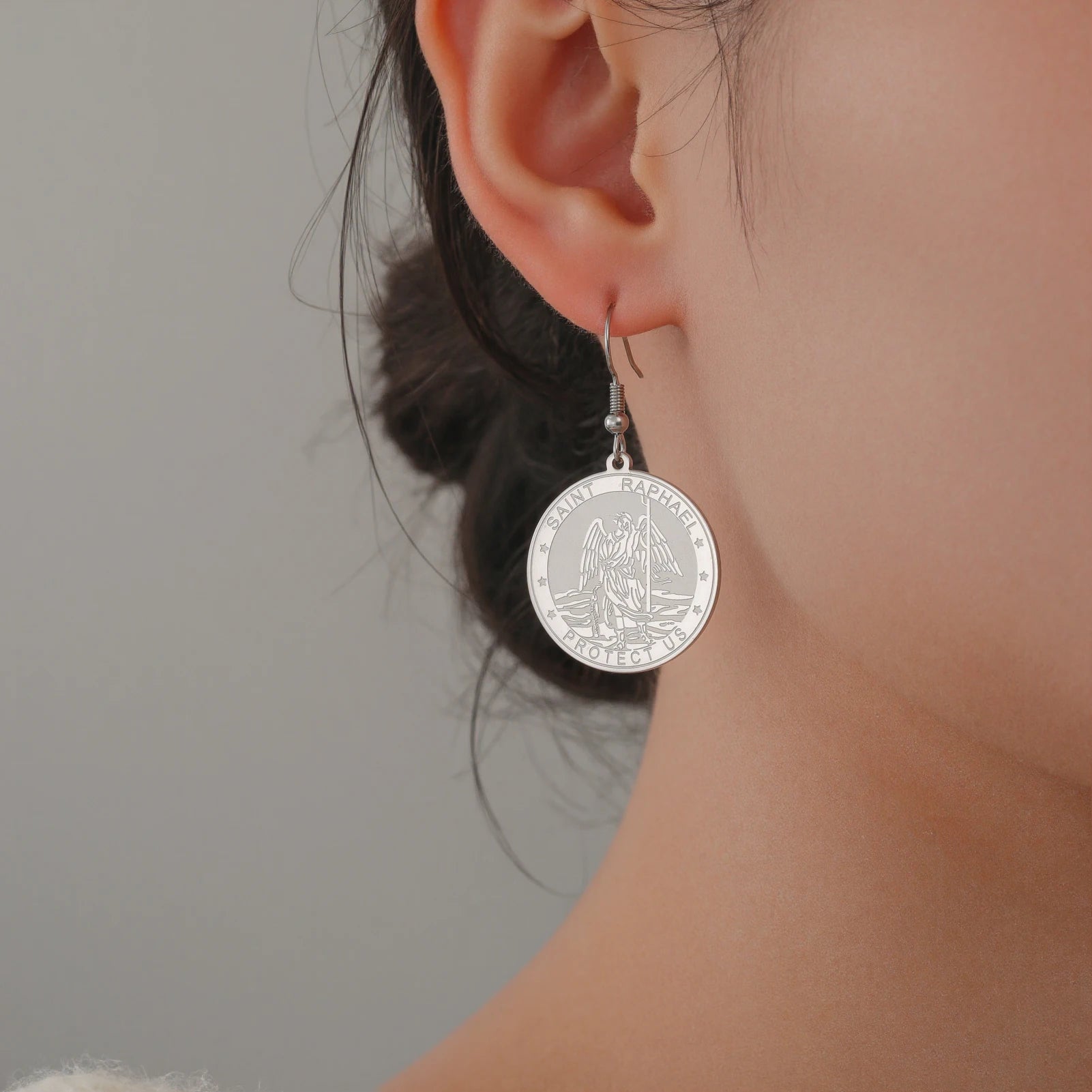 LIKGREAT Archangel Raphael Earrings for Women Spiritual Gift or Protection Healing Travel Safe Jewelry Stainless Steel Accessory