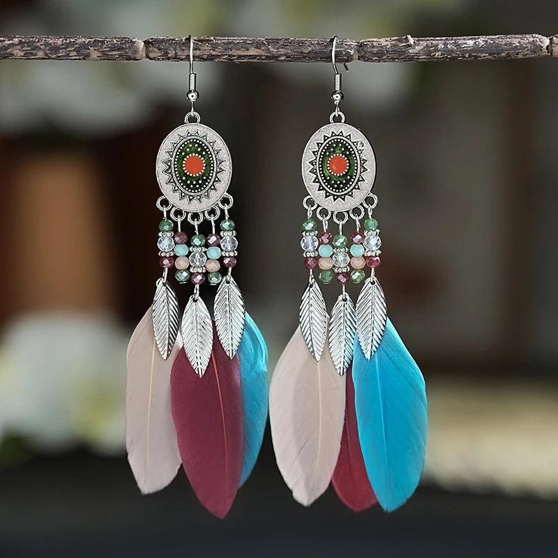 Boho Long Feather Drop Dangle Women's Earrings Leaf Tassel Crystal Beads Handmade Round Flower Enamel Wedding Bride Jewelry Gift