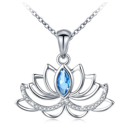 Huitan Lotus Flower Pendant Necklace, Silver Blue CZ Wedding Talisman