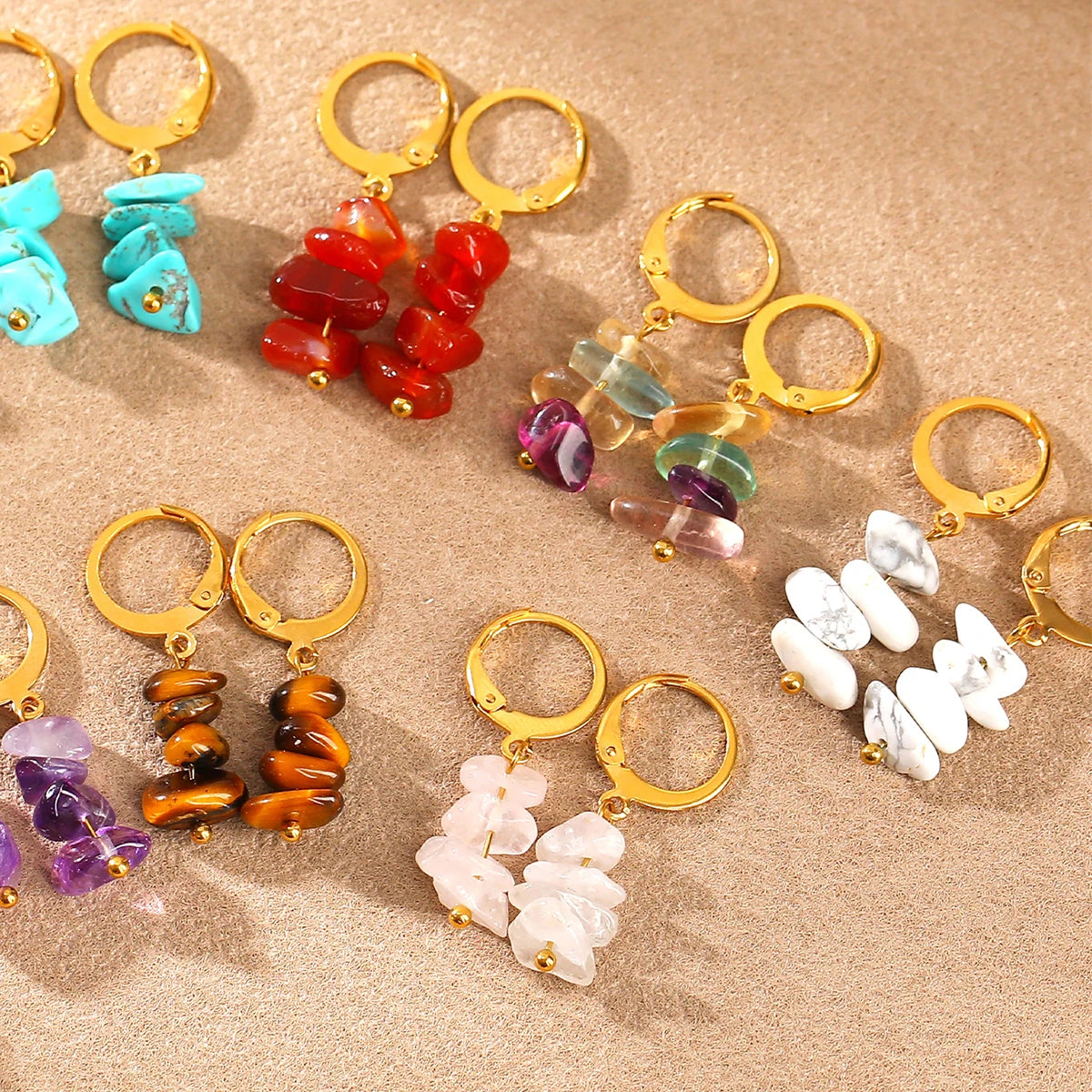 JD Bohemia Natural Stone Gravel Pendant Golden Hoop Earrings Women Raw Amethyst Chips Charms Dangle Reiki Healing Earring Gift