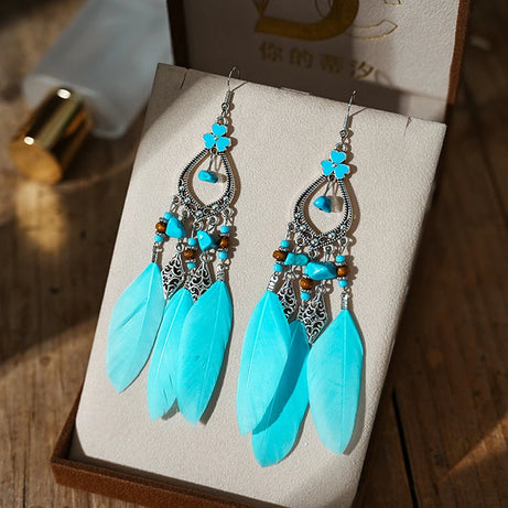 Blue Enamel Feather Crystal Long Earrings Jewelry