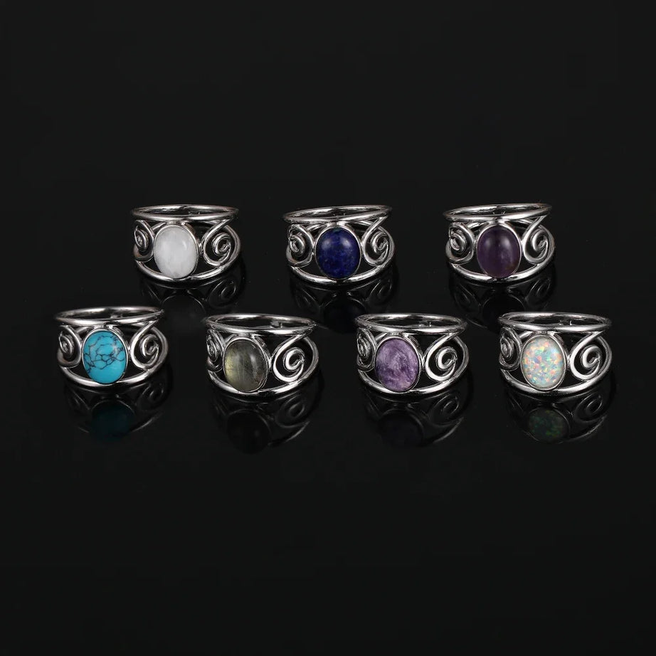 Vintage Spiral Swirl Ring Oval Natural Stone Inlay Open Band Minimalist Boho Statement Ring for Women Fashion Jewelry Wholesale - Charlie Dolly