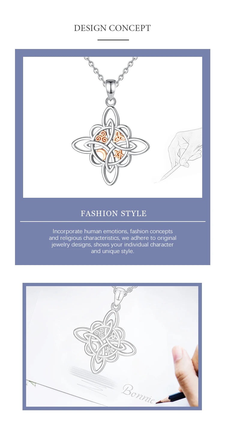 Eudora 925 Sterling Silver Witch Knot Necklace Witchcraft Celtic Knot Star Moon Geometric Pendant Men Women Jewelry Party Gifts