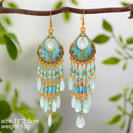 Blue Enamel Feather Crystal Long Earrings Jewelry