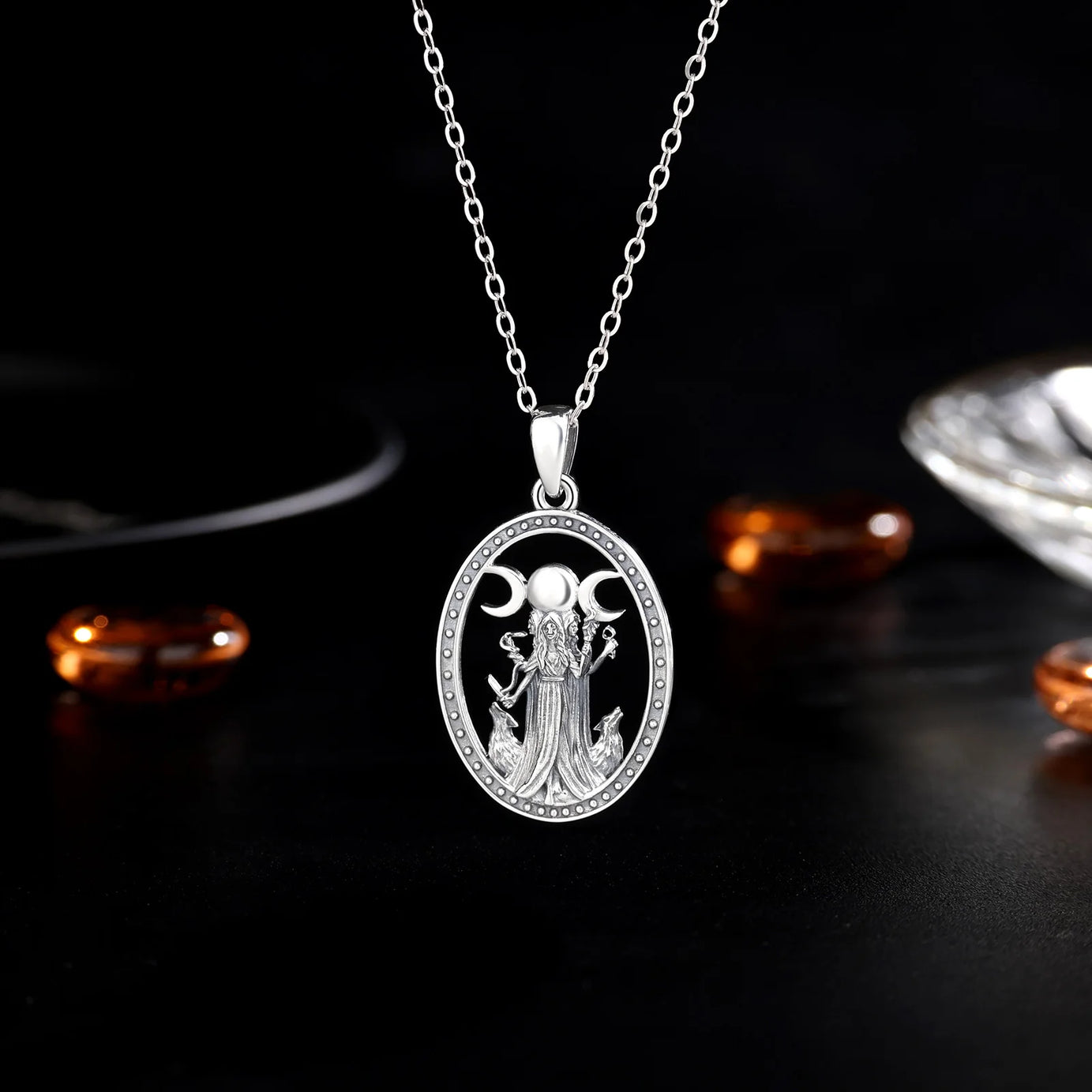 Hecate Triple Moon Goddess Necklace, S925 Sterling Silver