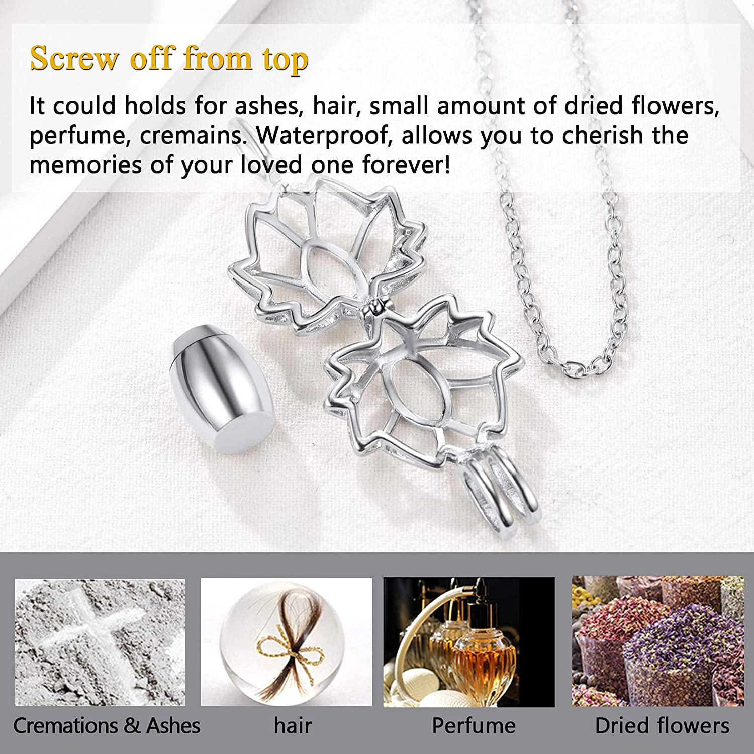 U7 Lotus Necklace Cremation Jewelry for Ashes of Love One 316L Stainless Steel Hollow Out Lotus Flower Urn Pendant 20" O-chain