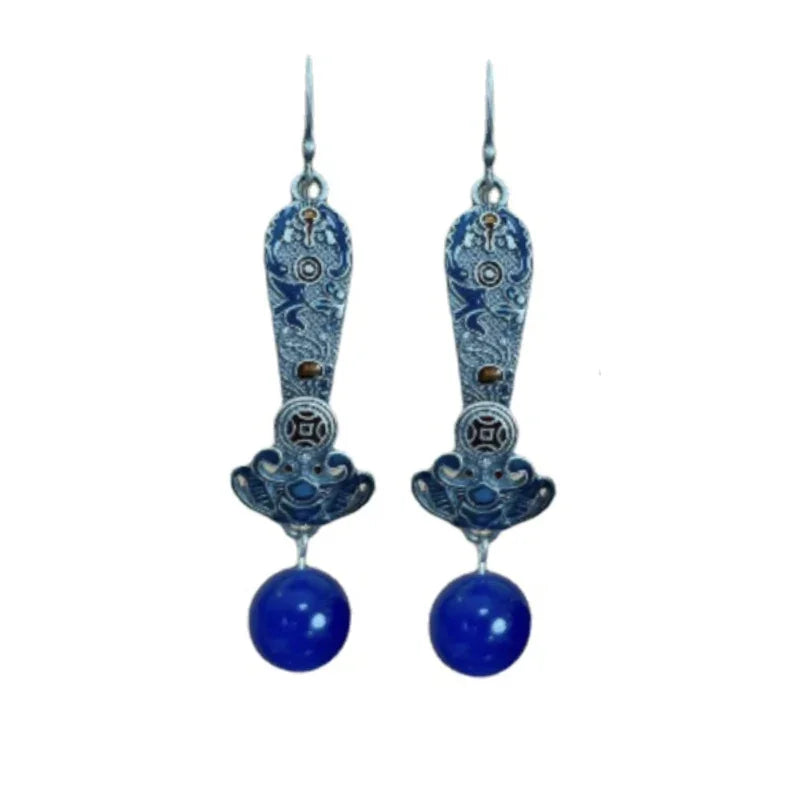 National Style Red Agate Earings 925 Silver Blue Retro Ruyi Lapis Lazuli Earrings for Women Exquisite Banquet Jewelry
