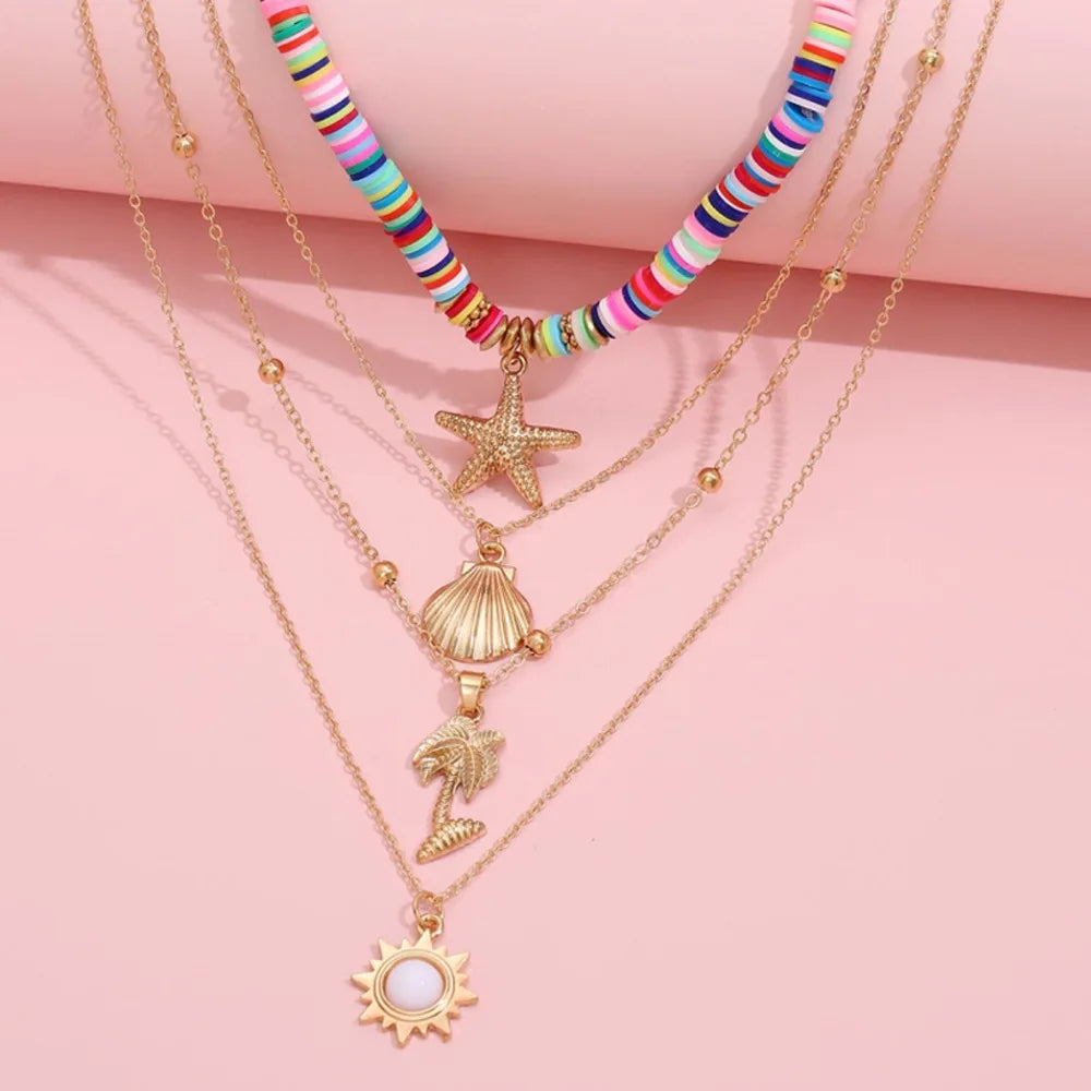 Fashion Boho Summer Beach Jewelry Necklace for Women Soft Pottery Starfish Shell Pendant Vintage Sun Multi Layer Ckokers Gifts