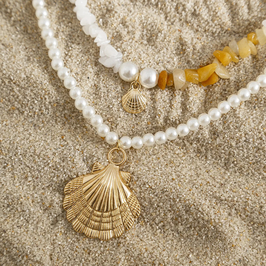 Shell Starfish and Pearl Layered Chain Boho Necklace