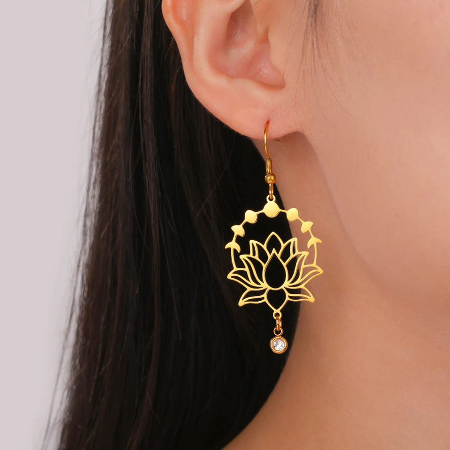 Moon Phase Lotus Dangle Earrings