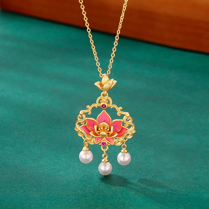 Classic matte pink lotus flower Ruyi lock necklace pearl tassel pendant enamel collarbone chain wedding for women jewelry gift