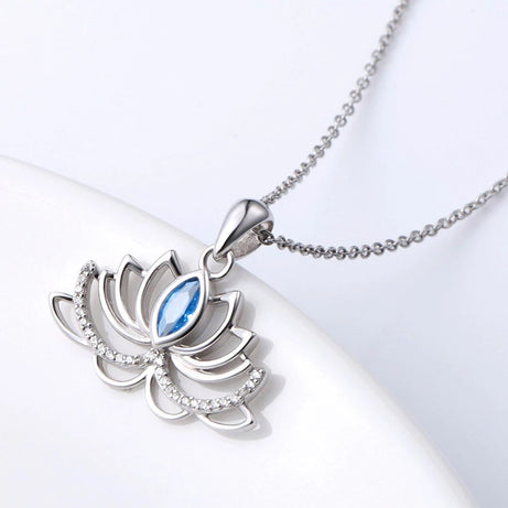 Huitan Lotus Flower Pendant Necklace, Silver Blue CZ Wedding Talisman