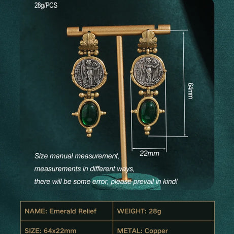 Vintage Emerald Green Stone Dangle Earrings, Antique Gold Coin Boho Jewelry