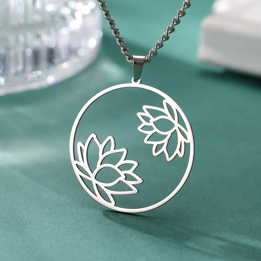 Dawapara Lotus Flower of Life Necklace Stainless Steel Women Jewelry Buddhism Peace Symbol Yoga Meditation Amulet Pendant