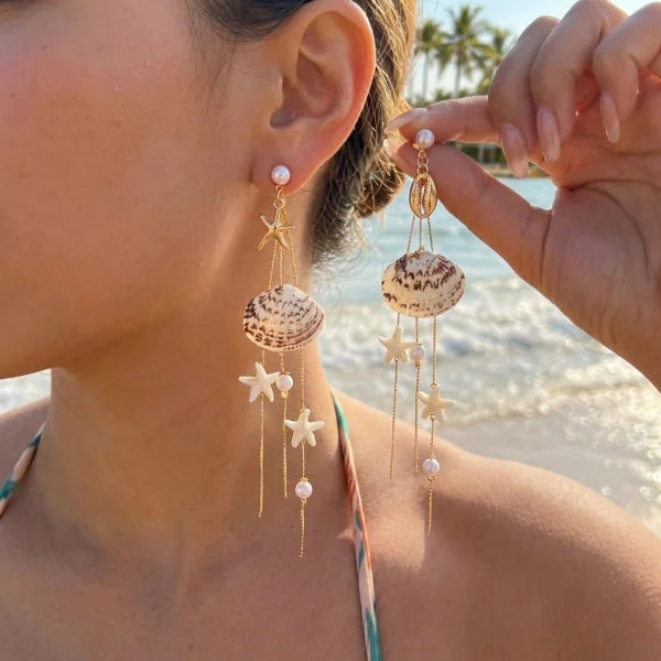 Colorful Irregular Stone Hoop Earrings for Women Y2K Boho Starfish Shell Dangle Earrings Summer Beach Vacation Festival Jewelry