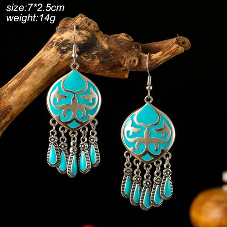 Blue Enamel Feather Crystal Long Earrings Jewelry