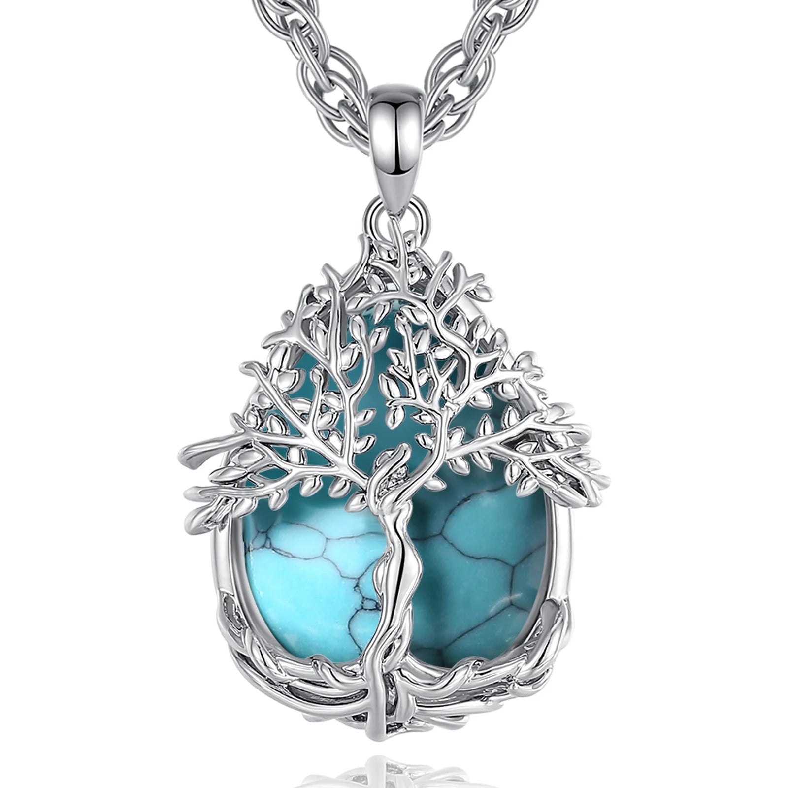 Eudora Tree of Life Obsidian Necklace Energy Healing Stone Crystal Amethyst Turquoise Pendant Spiritual Jewelry Meditation Gift