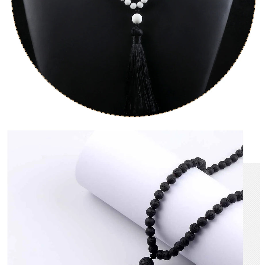 Men Natural Malachite Stones Necklaces Boho 108 Tiger Eye Beads Handmade Necklace with Tassel Yoga Medit Jewelry Gifts For Women - Charlie Dolly