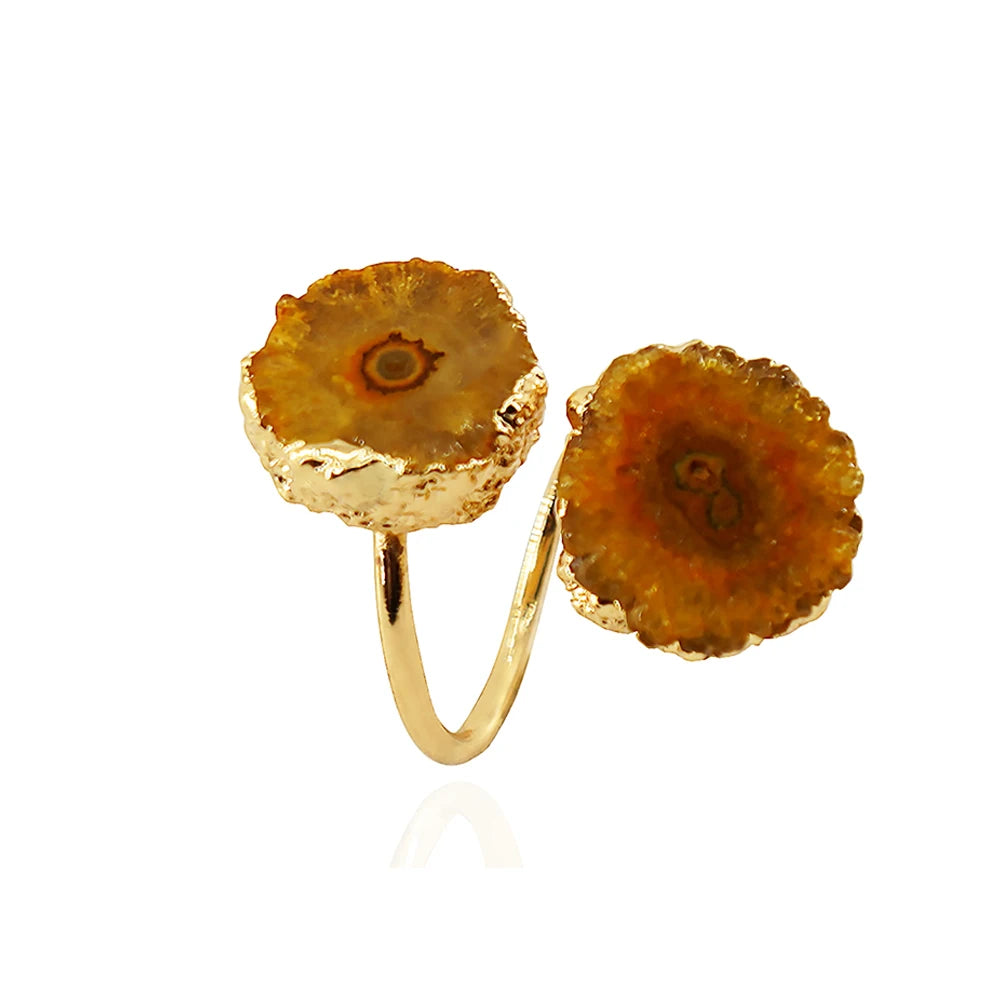 Irregular Agate Slices Open Cross Ring for Women Girls Boho Rough Natural Stone Sunflower Finger Jewelry Wedding Party Gift