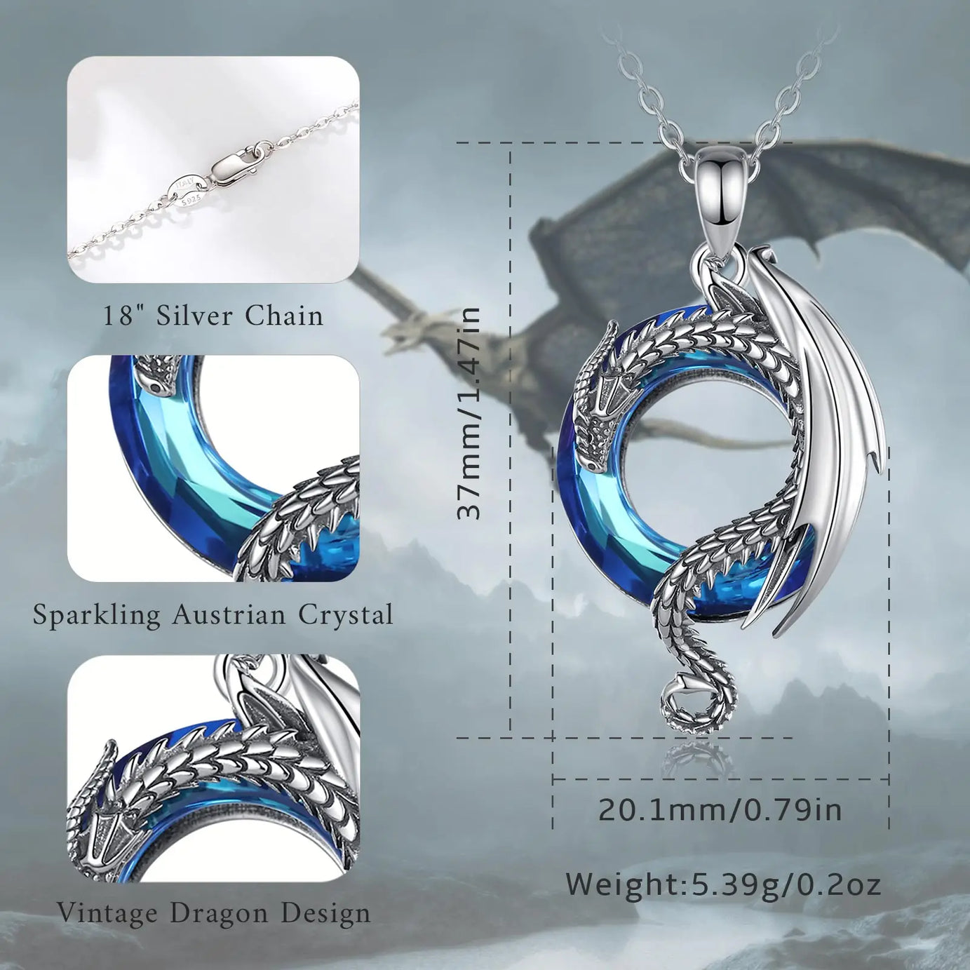 Dragon Amulet Necklace with Austrian Crystal, S925 Sterling Silver