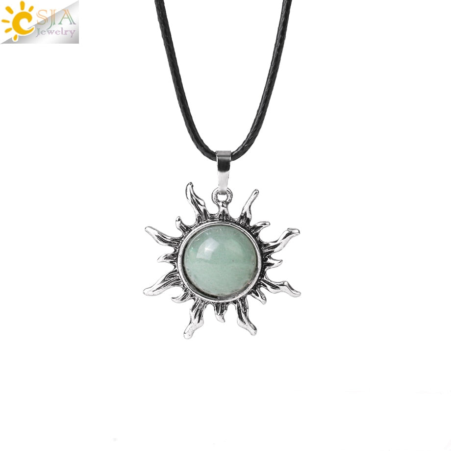 CSJA Vintage Sun Flower Pendant Natural Stone Crystal Necklace Genuine Round Amethysts Pink Quartz Obsidian Lapis Lazuli H120 - Charlie Dolly