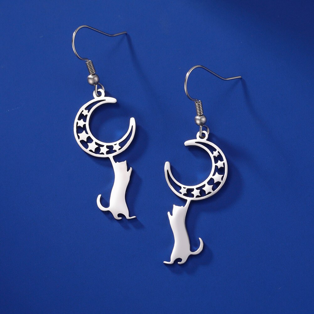 Lucktune Crescent Moon Cat Drop Earrings Stainless Steel Cute Kitten Animal Earrings for Women 2023 Goth Jewelry Birthday Gift - Charlie Dolly