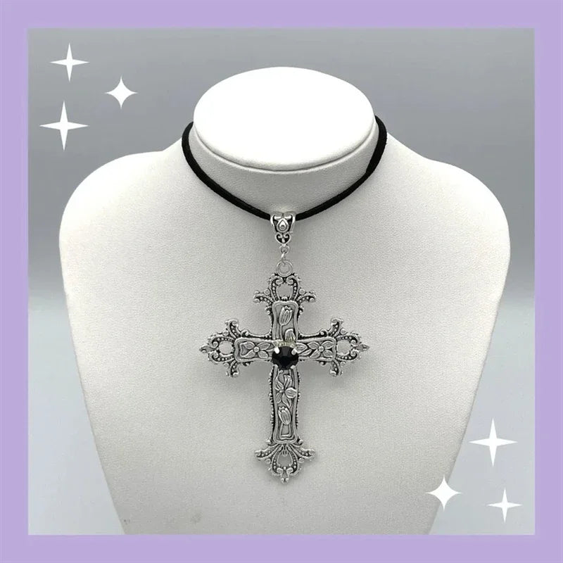 Goth Limited Black Velvet Cross Bead Choker Necklace Jewelry Gorgeous Women Punk Gift Statement New Gothic Halloween Grunge - Charlie Dolly