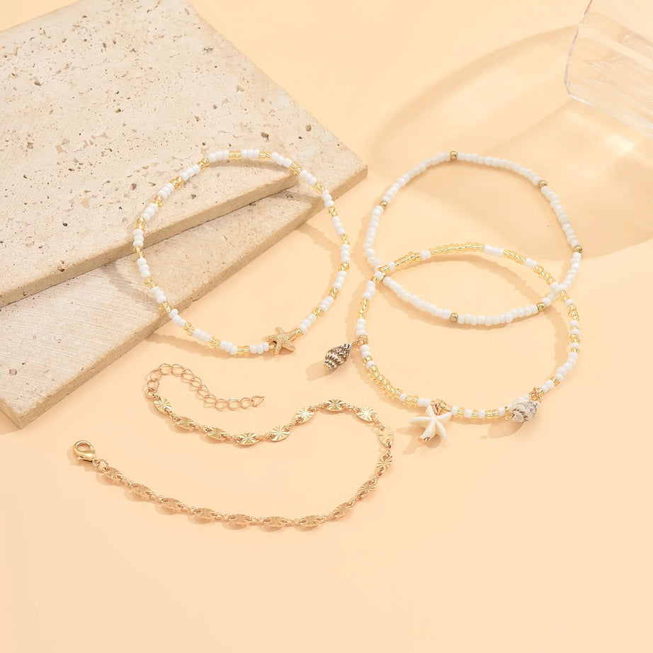 Starfish and Shell Stackable Beaded Anklet Set (4 Pieces)