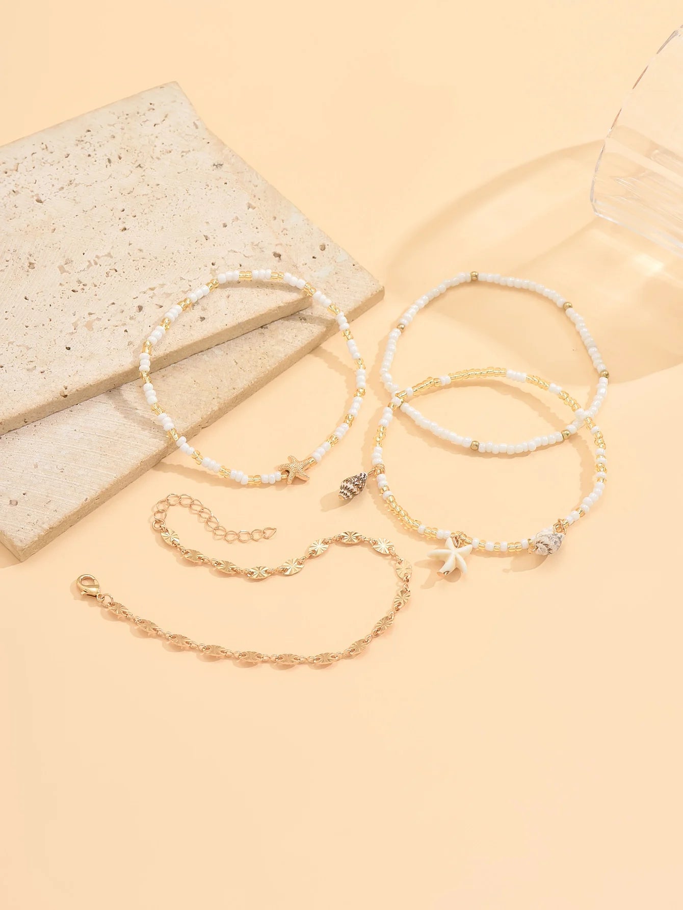 4PCS Layered Stackable Starfish Shell Beaded Anklet Set Dainty Boho Summer Beach Vacation Jewelry for Women