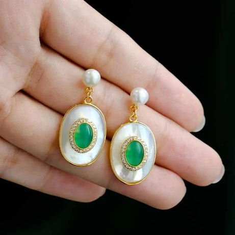 New style inlaid lapis lazuli artificial artificial fritillary earrings for women emerald vintage pearl wedding silver jewelry - Charlie Dolly