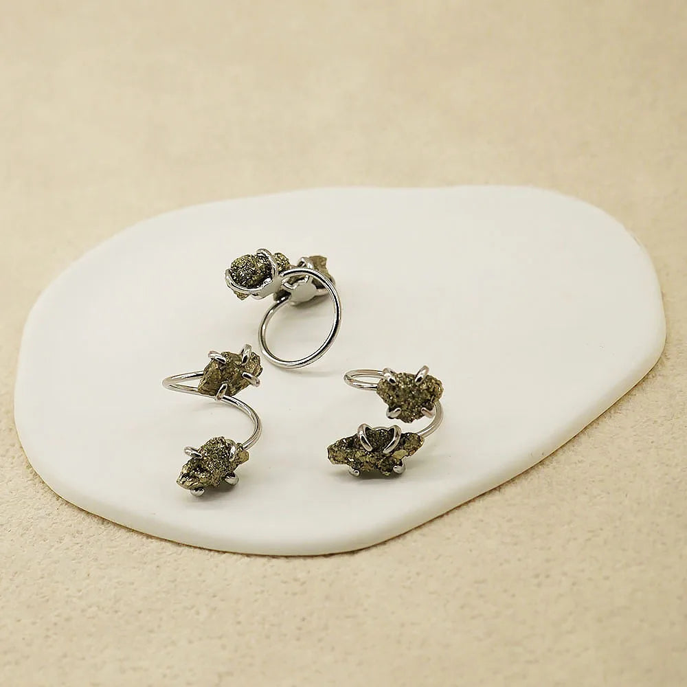 Irregular Pyrite Open Cross Ring for Women Girls Claw Setting Silver-color Boho Natural Stone Finger Jewelry Resizable