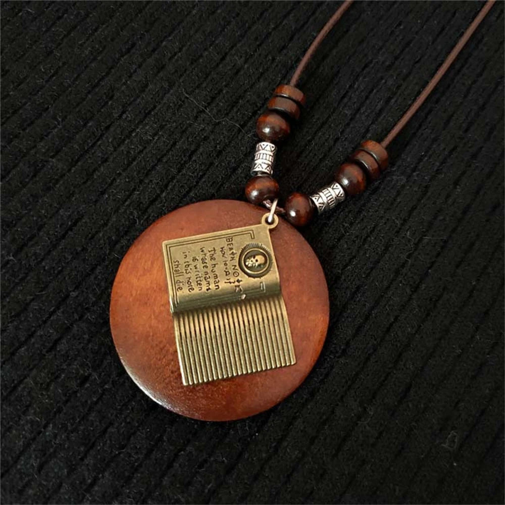 Wood Owl Leaf Pendant Wax Rope Necklace Jewelry
