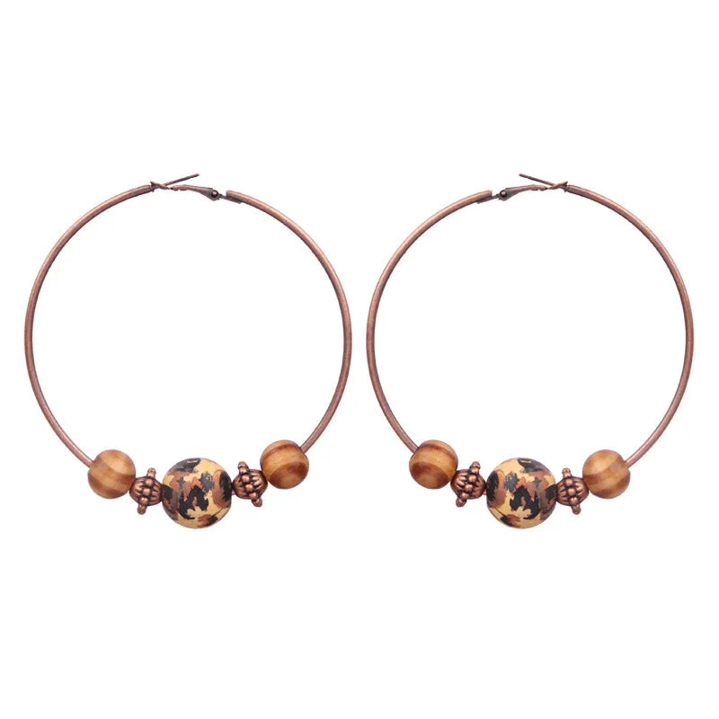 DOUVEI 2021 Ethnic Bohemia Women's Gypsy Big Bronze Wood Beads Round Drop Boho Earrings Vintage Style For Female HQE741