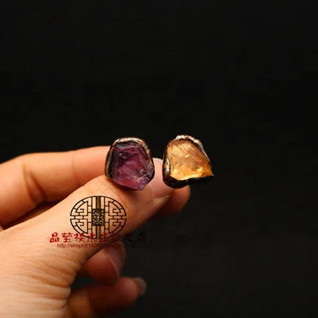 Natural Gem Raw Stone Amethyst Ring Crystal Bronze Plated Citrine Green Fluorite Boho Vintage Fashion For Women's Jewelry Gifts - Charlie Dolly