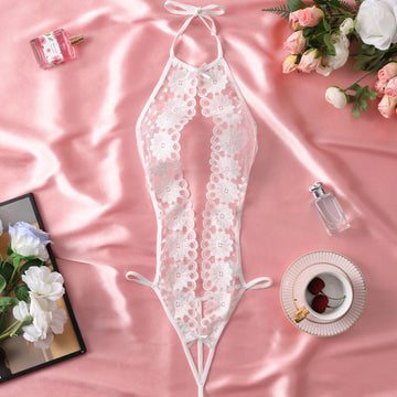 Women's Fancy Sexy Lingerie White Open Bra Hot Teddy Hollow Out Halter Backless Bodysuit Floral Embroidery Crotchless Underwear