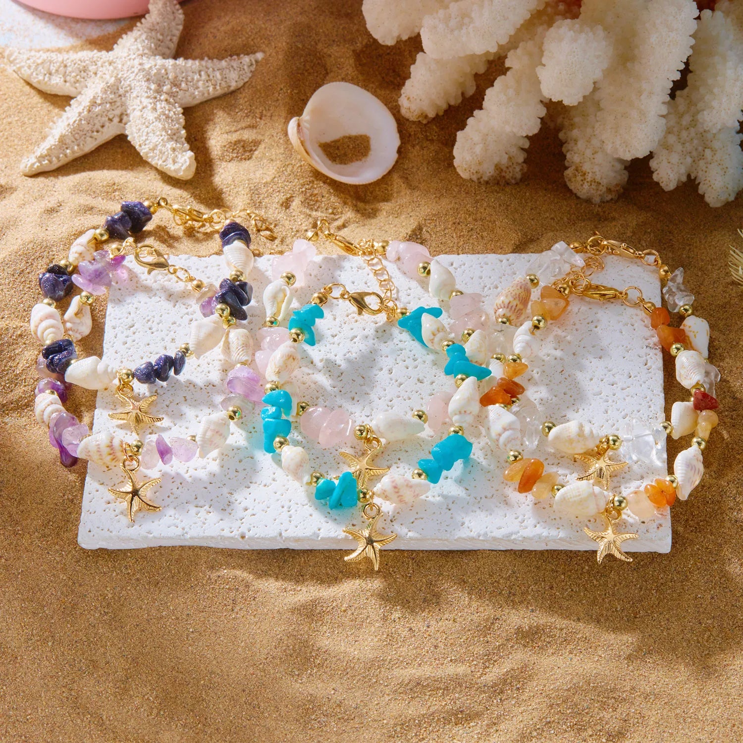 2026 Summer Boho Shell Bracelet for Women Natural Starfish Charm Irregular Stone Beads Bangles Beach Vacation Jewelry Party Gift