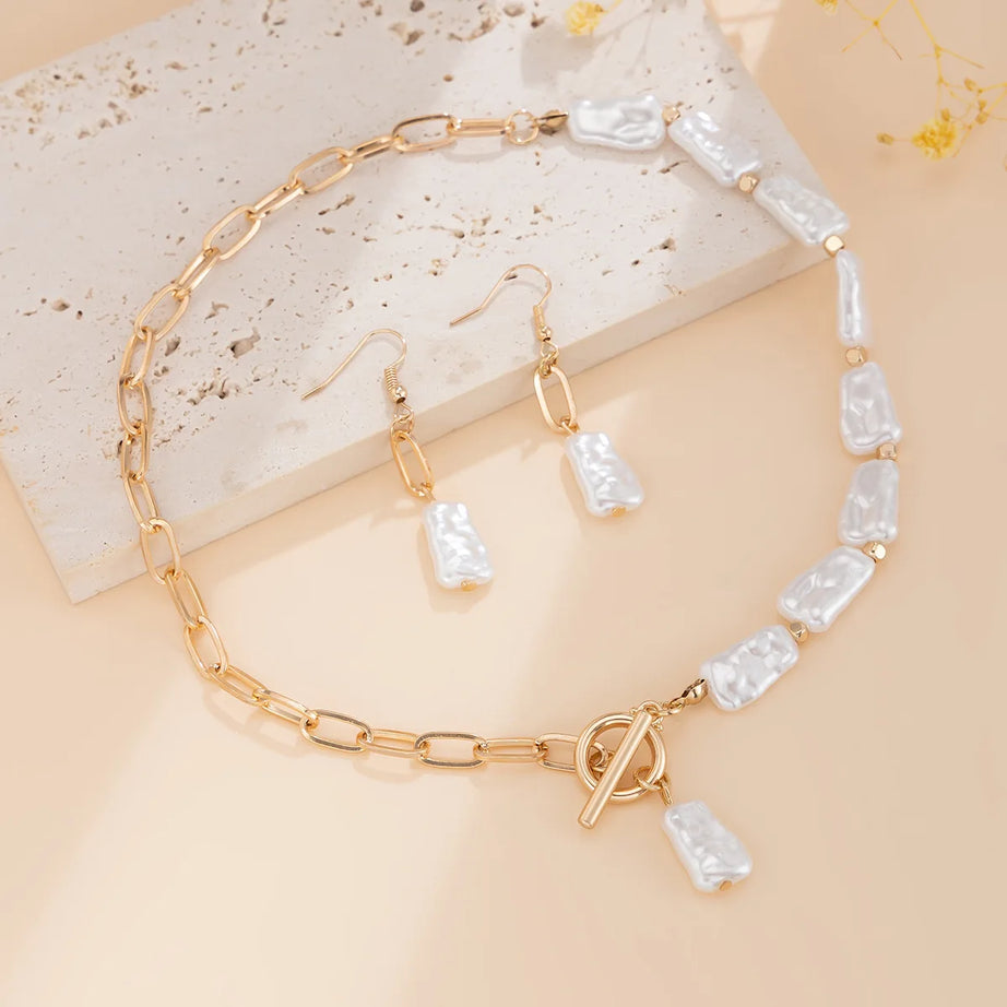 Square Pearl and Cross Chain Boho Necklace, Earring and Bracelet Set