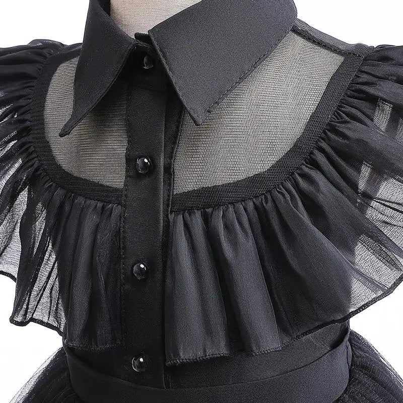 Wednesday Adams Children's Clothing Girls' New Mesh Flying Sleeves Solid Color Party Dress Halloween Gothic Style Cosplay Dress - Charlie Dolly