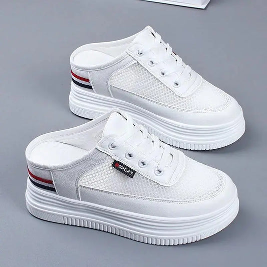 2023 New Half Slippers Women Mesh Mules Summer Inner Heightening Outdoor Breathable Casual Shoes White Platform Slip On Sneakers - Charlie Dolly