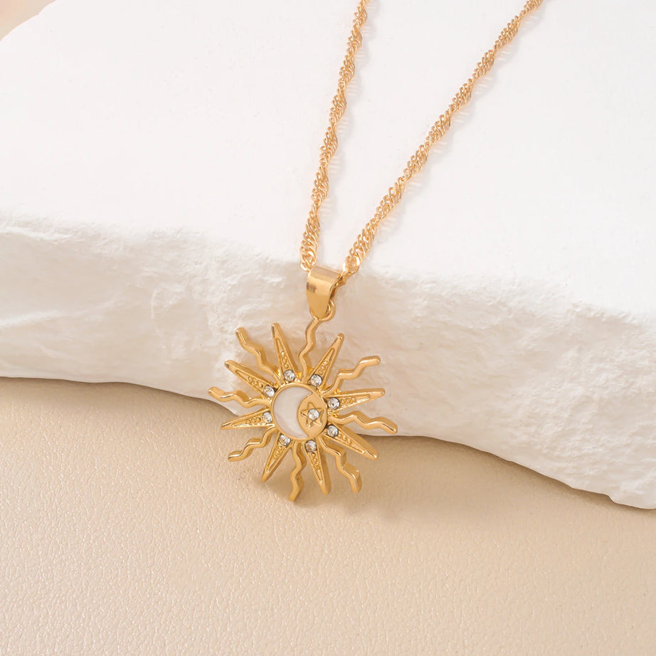 Sun Moon & Star Three-in-One Rhinestone Pendant Necklace, Vintage Celestial Talisman