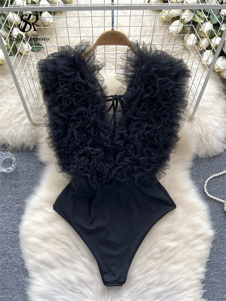 SINGREINY Sexy 3D Flowers Spliced Sheath Bodysuits Club Lace Up V Neck Playsuits Fashion Streetwear Backless Sensual Rompers - Charlie Dolly