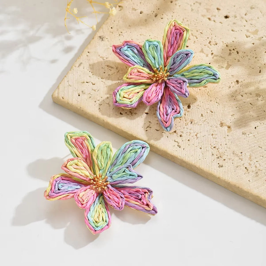 Raffia Woven Flower Boho Earrings Jewelry