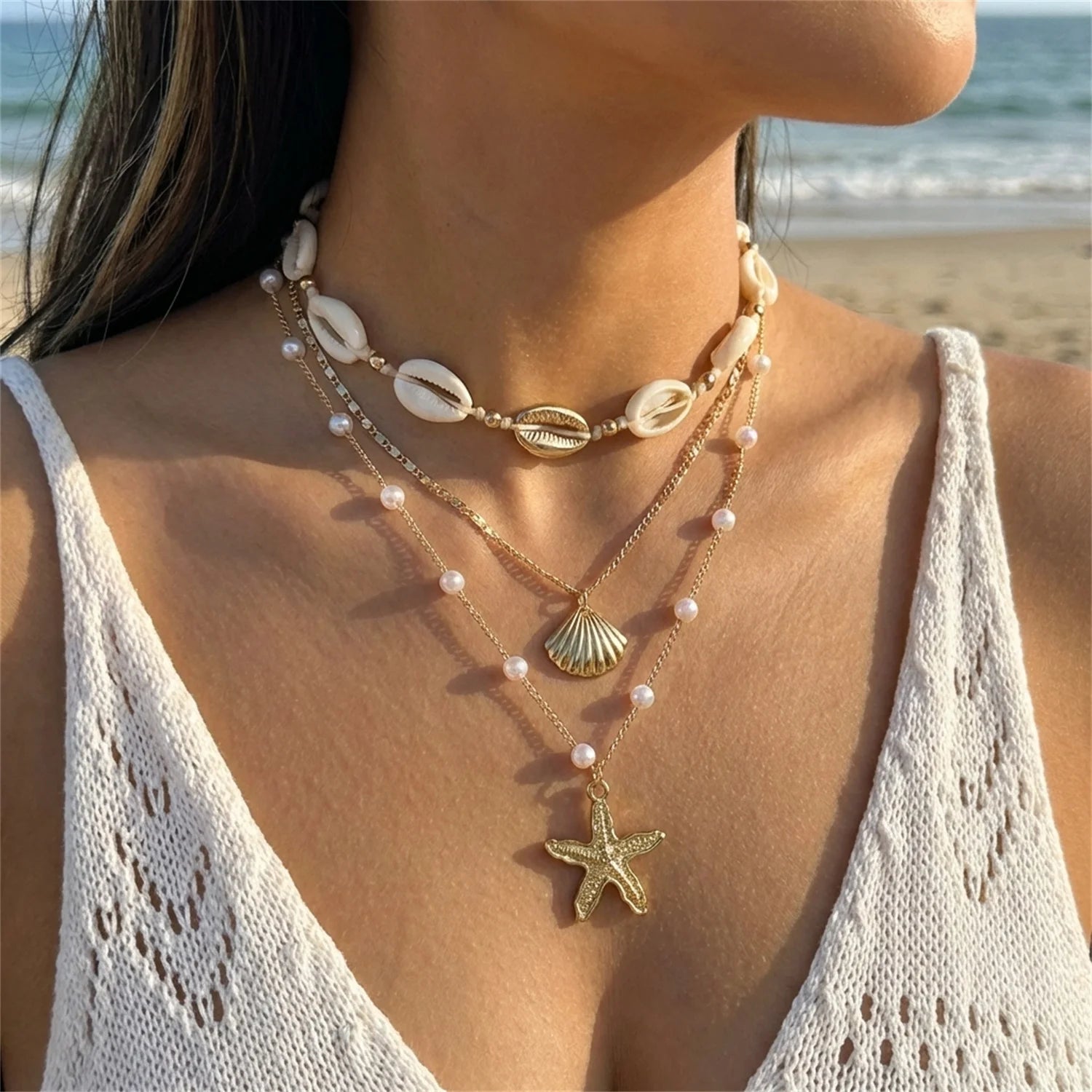 Dainty Shell Starfish Rice Beads Pendant Necklace for Women Boho Sea Star Layered Clavicle Chain Beach Party Jewelry Gift