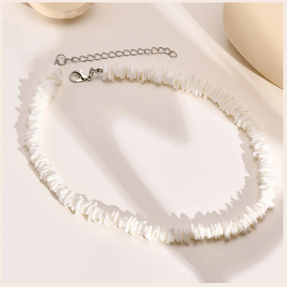 Hawaiian White Puka Shell Chain Choker Necklace
