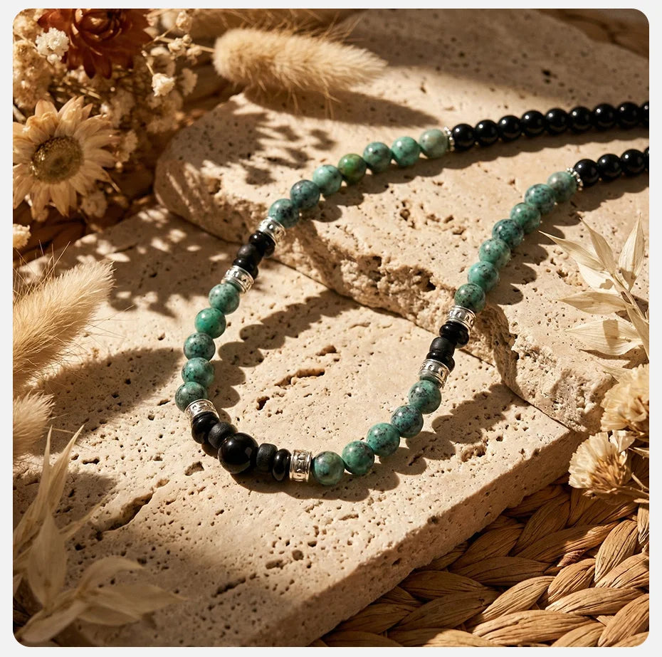 Vnox Men's Stainless Steel Natural Stone Beaded Necklace Adjustable Green Lucky Choker Casual Boho Beach Jewelry Gift for Boys